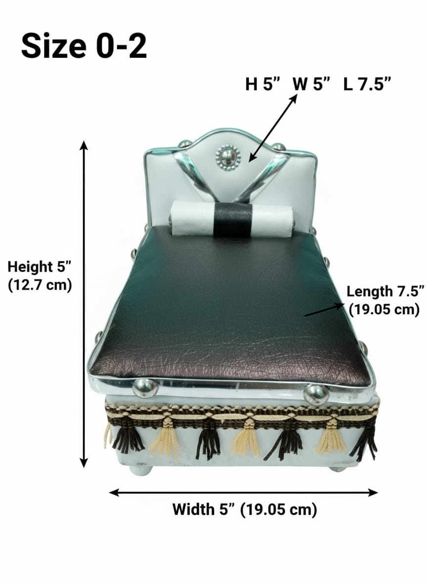 Silver Bed for Laddu Gopal Radha Krishna with black leather top and tassels on a white surface with teal background