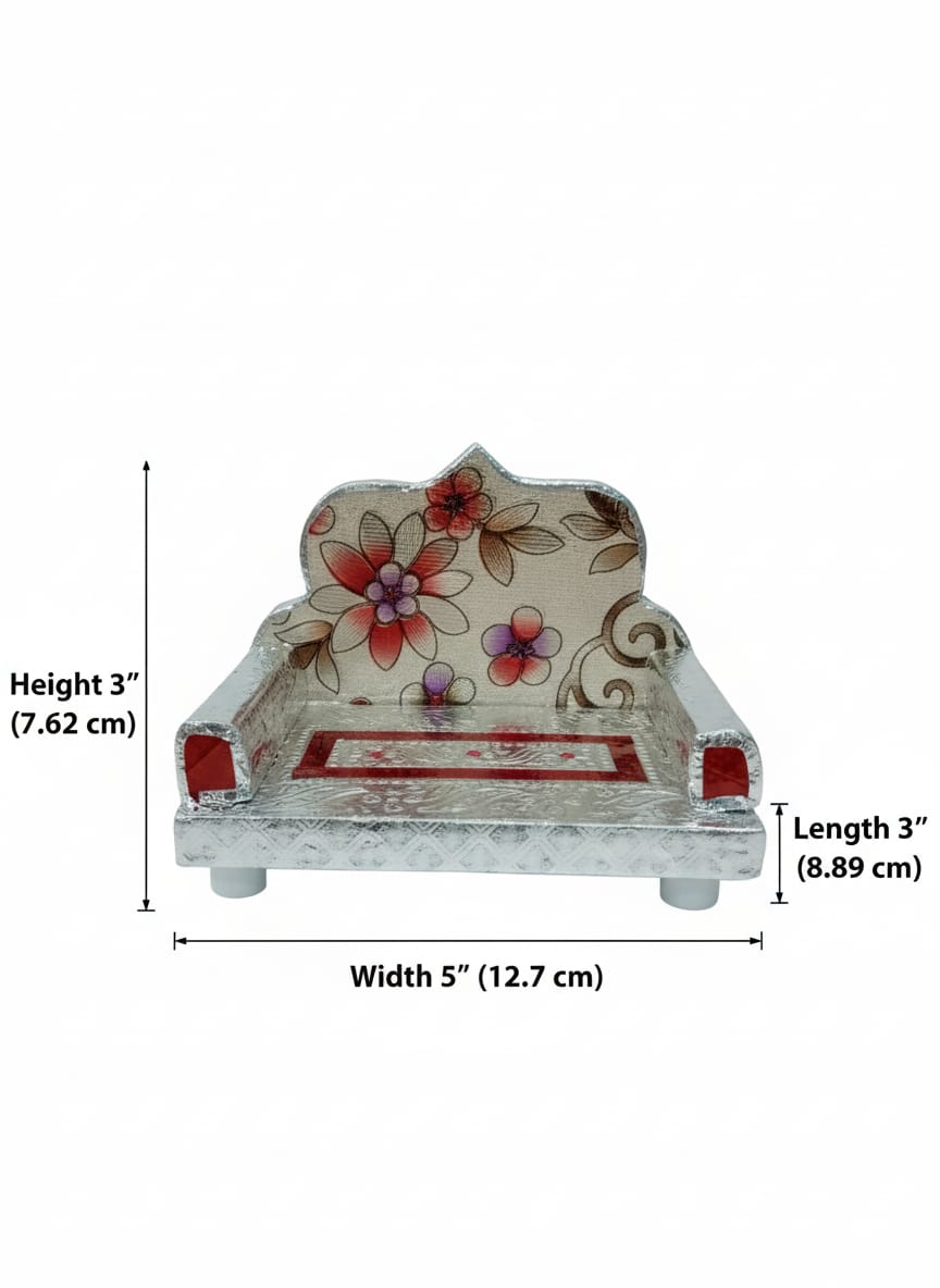 Laddu Gopal sofa with floral patterns and measurements on a white background